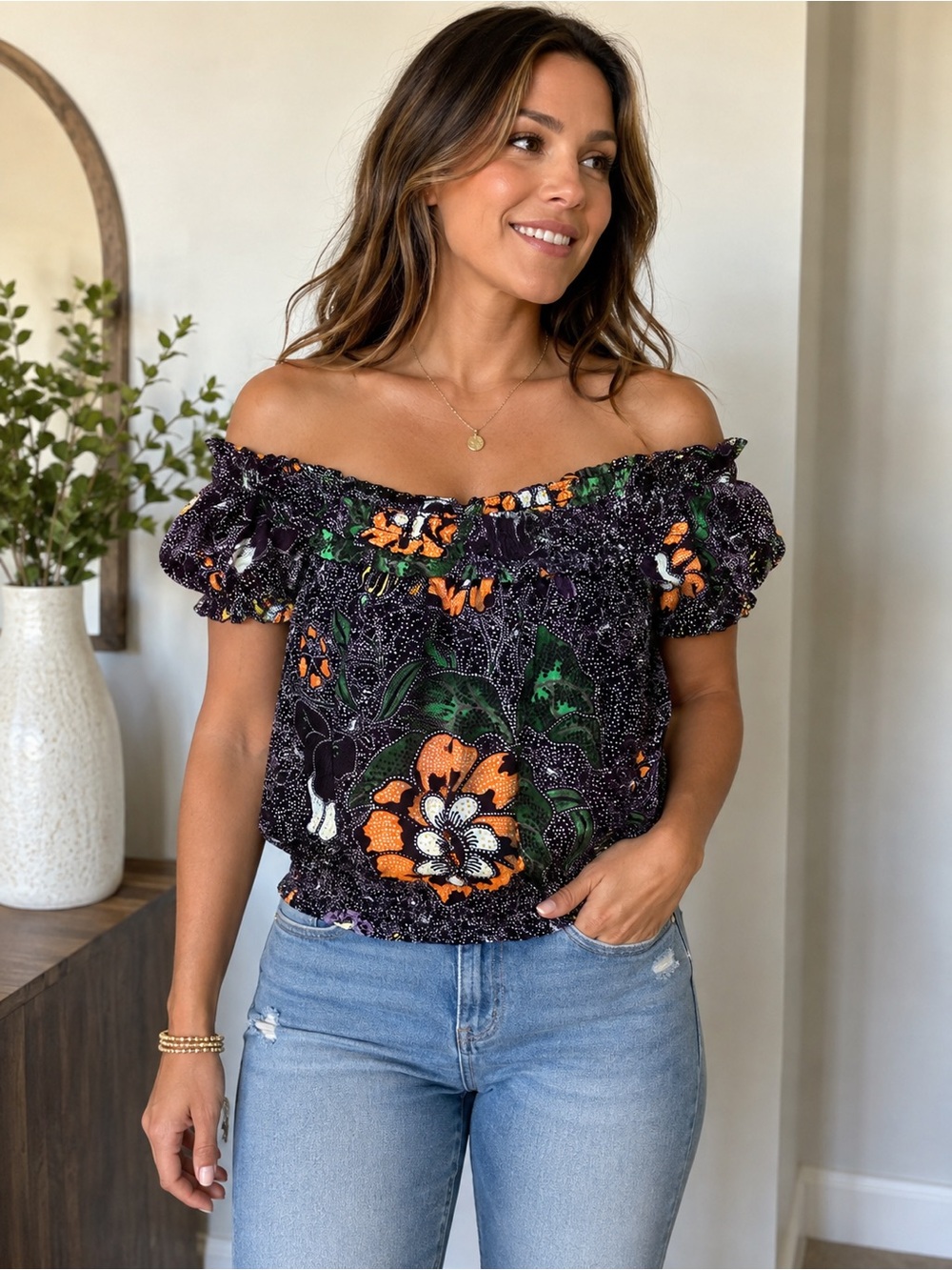 Free People FP One Suki Floral Printed Off-The-Shoulder Smocked Blouse XS